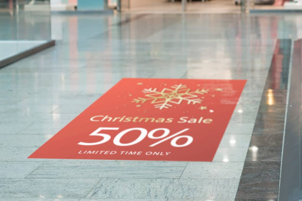 Floor graphics can maximize your floor to spread the news of your deals while also decorating your store.